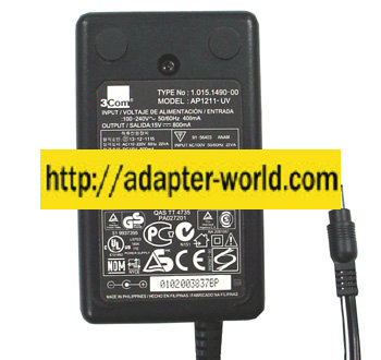 3COM AP1211-UV AC ADAPTER 15Vdc 800mA -( )- 2.5x5.5mm PA027201 R